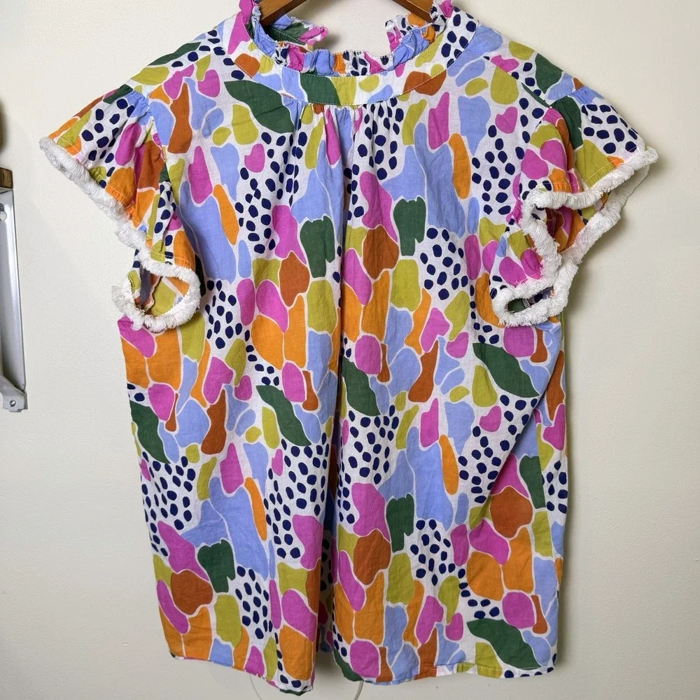 THML Wiley Ruffle Sleeve Blouse Top Women L Mulitcolor Spring Cotton Preppy Work - Picture 4 of 6